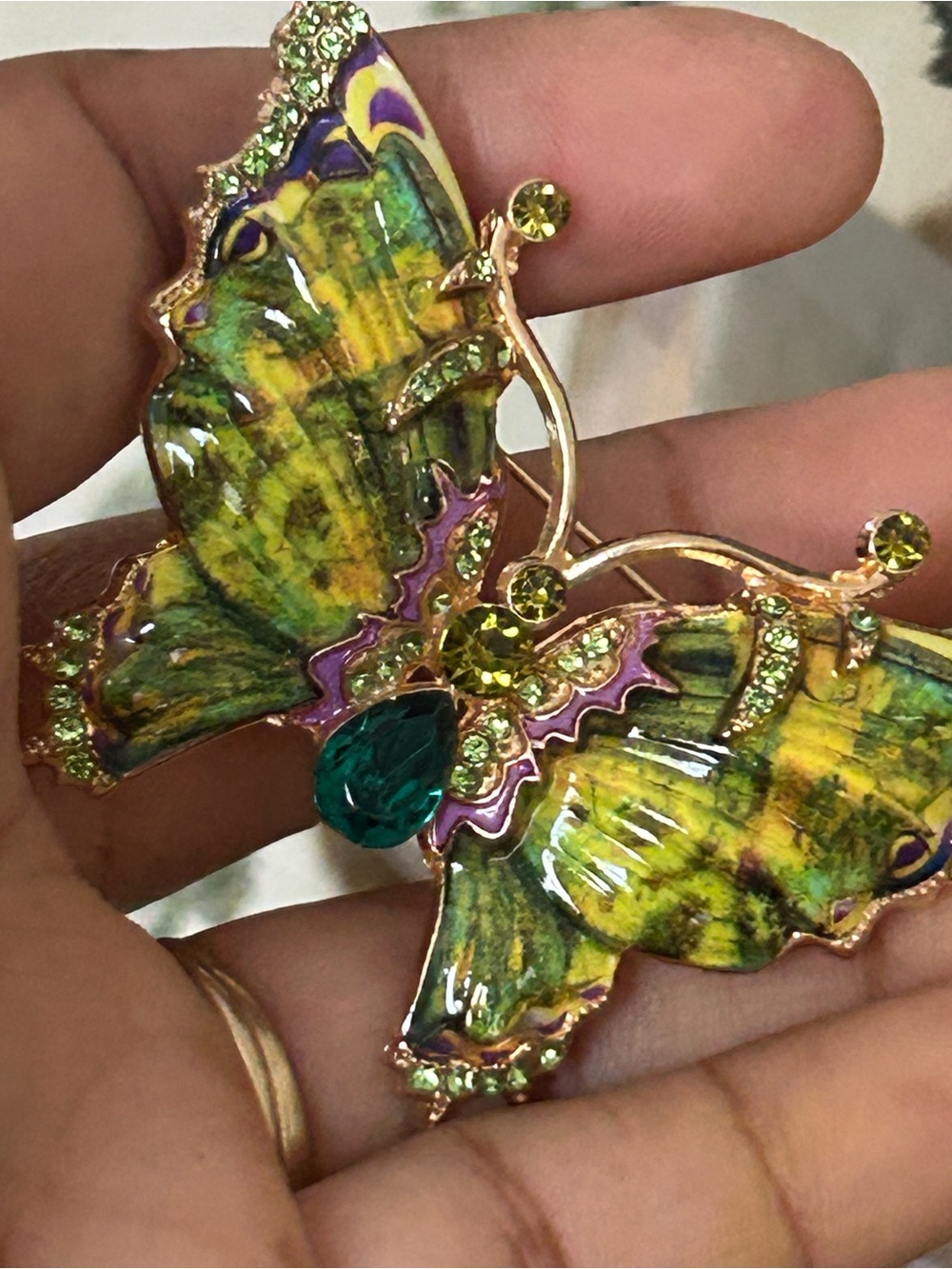 Green and Yellow Butterfly Brooch with Teal Stone - Women Jewelry